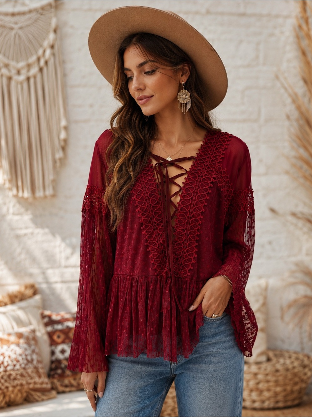 BKE Boutique Laced Tibetan Red Peplum Top Size: L